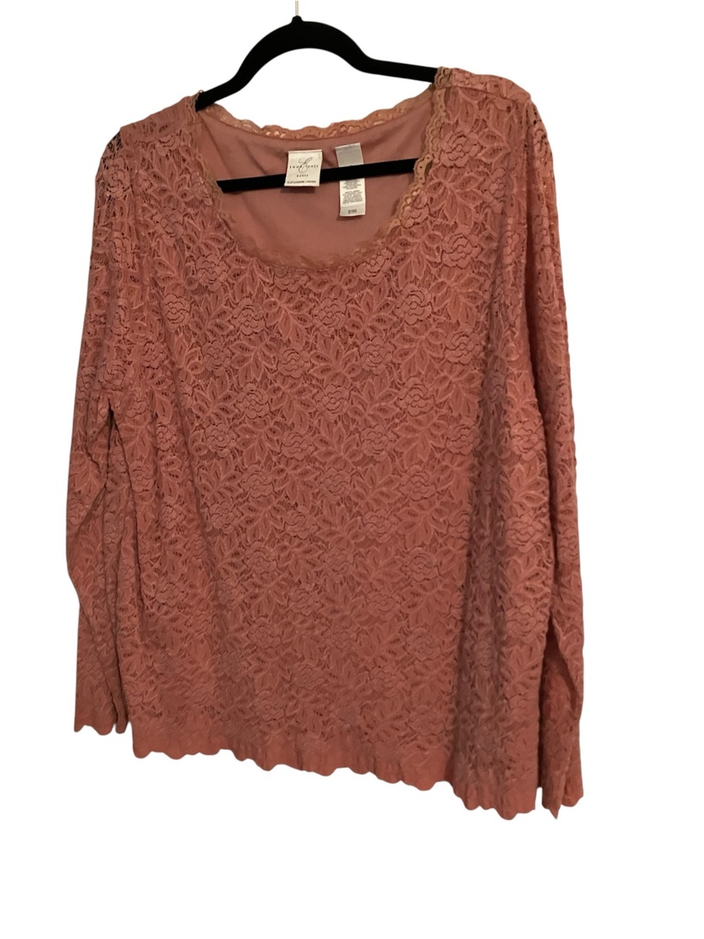Lace Overlay Scoop Neck Long Sleeve Top - Dusty Rose